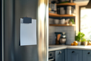 Blank note on fridge in modern kitchen sunlit home
