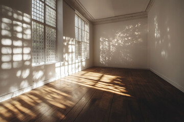 Obraz premium Sunlit room hardwood floor window shadows peaceful calm