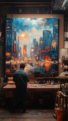 Obraz premium Person stands before a large abstract painting in a studio setting.