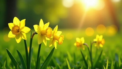 Fototapeta premium Sunlit daffodil blossoms in a lush, verdant pasture , sun, botany, bright