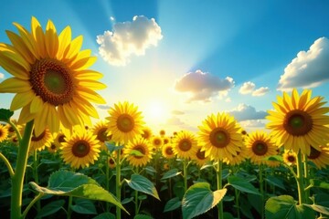 Obraz premium Tall sunflowers tracking the sun's arc across the sky, sunflower, gold, day
