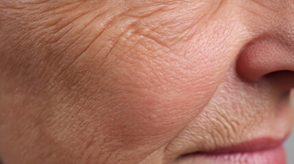 Crepey Skin concept. Close-up of elderly skin showing texture and wrinkles on the cheek.