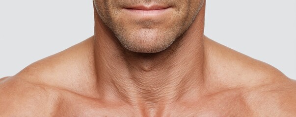 Obraz premium Crepey Skin concept. Muscular male torso with defined neck and facial hair, showcasing strength and fitness.