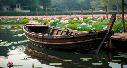 Obraz premium Old fashioned wooden boat tied to a pier beside a quiet river surrounded by lotus flowers cinematic view background 