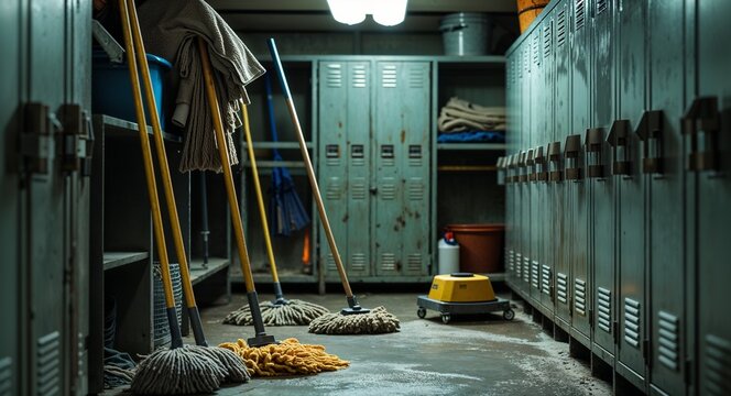 old janitor closet with dusty mops and metal lockers cinematic view background 