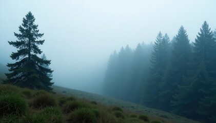 Dense fog shrouds ancient pines, a silent, still scene , texture, old growth