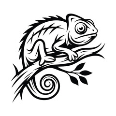 Stylized Chameleon Silhouette Sitting on Branch with Leaves, Monochrome Animal Design