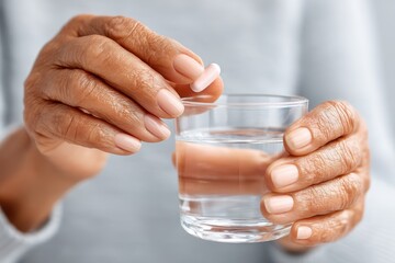 Elderly patient mobility aid assisted living concept. Close-Up of Hands Holding Glass with Water and Capsule in Natural Lighting Setting