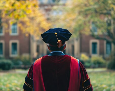 Graduate in cap and gown walking away, back view, shallow depth of field with blurred college campus background, natural lighting, academic achievement