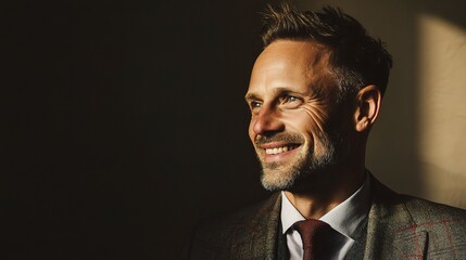 Fototapeta premium Smiling Businessman Portrait in Studio Lighting with Dramatic Shadowing