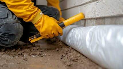 Air-tight vapor barrier being applied to crawl space wall with visible hands in gloves, caulking gun and sealing foam in frame