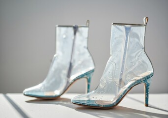 Transparent vinyl ankle boots with light blue snakeskin heels on white surface under natural light