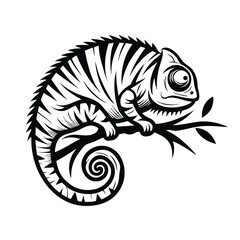Stylized Chameleon on Branch, Black & White Illustration, Reptile Art, Wildlife Design