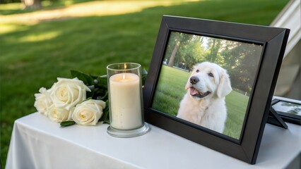 Memorial tribute with photo, candle, and roses on green grass