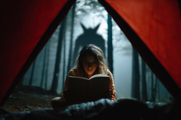 Obraz premium A girl reading a book in a tent at night in a forest with a mysterious shadow looming behind. A captivating scene of suspense and mystery. - World Book Day