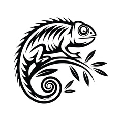 Silhouette Chameleon Sitting on a Branch with Leaves Wildlife Art, Reptile Design