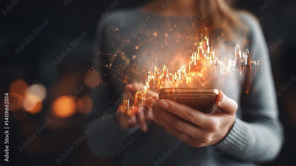 Poster woman analyzing forex data on mobile device with graph visualization