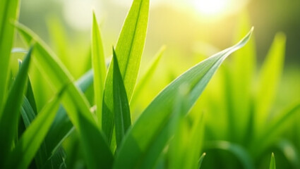 Obraz premium Blades of grass. The tall blades of grass swayed gently, sunlight shining through them. Juicy summer grass.