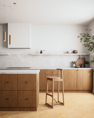 A modern minimalist kitchen design featuring warm wood elements and bright accent colors