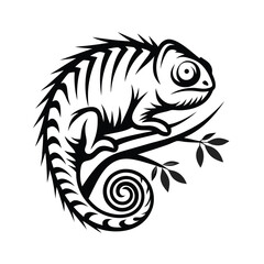 Chameleon Silhouette on Branch, Black and White Reptile Outline, Tropical Exotic Design