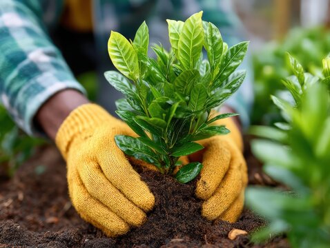 Agricultural Plantation Soil with Farmworker on Arbor Day Gardening - Powered by Adobe