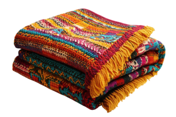 Vibrant ethnic throw blankets rich colors intricate patterns folded on transparent background