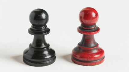 Single black chess piece isolated among red pawns - strategy, opposition and individuality concept in high contrast composition
