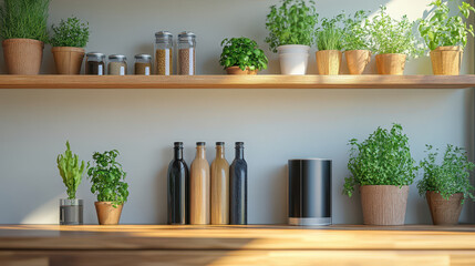 Herbs and plants arranged neatly on shelves with decorative bottles and kitchen containers in a bright interior setting during daylight