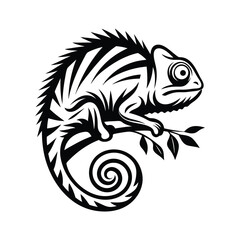 Silhouette Chameleon perched on branch, detailed skin texture, reptile black and white