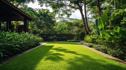 Naklejka premium A lush green lawn surrounded by tropical foliage and trees with a building on the left side