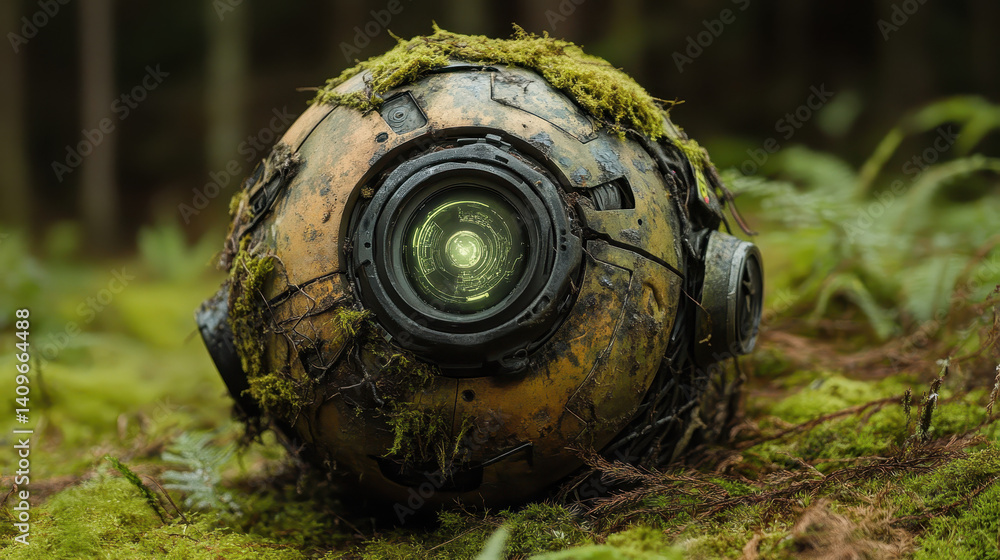 Aufkleber close-up view of a robotic recharging pod seamlessly blending into a forest environment with nature 