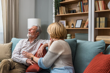 Elderly couple, talking and arguing in lounge, couch and discussion in retirement, weekend and...