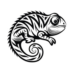 Intricate Tribal Chameleon, Monochrome Reptile, Isolated Animal, Black Pattern, Stylized Design