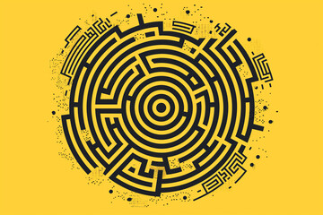 Complex circular maze with solution path highlighted - challenging puzzle concept in minimalist style representing problem-solving and life choices