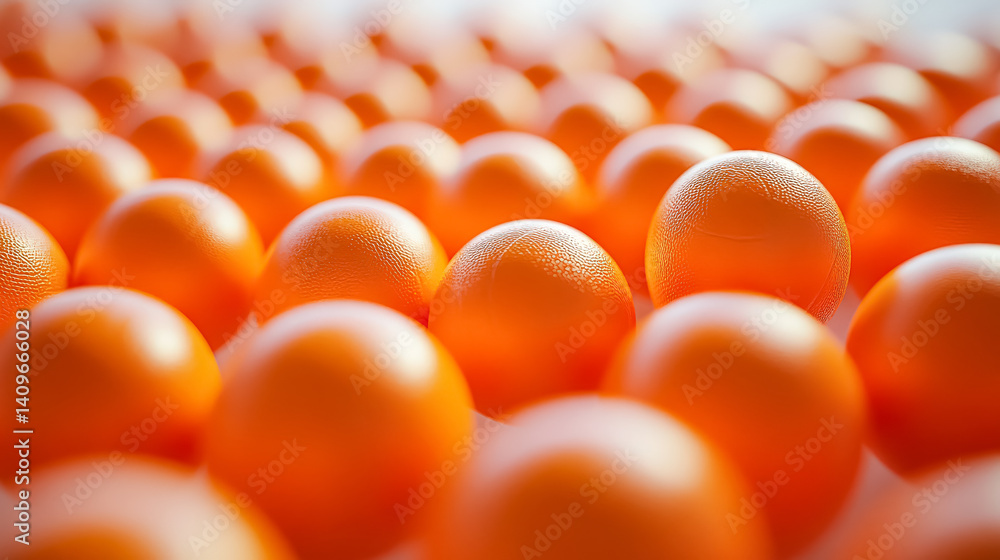 Poster close up of many orange balls. the balls are all different sizes and are arranged in a way that they