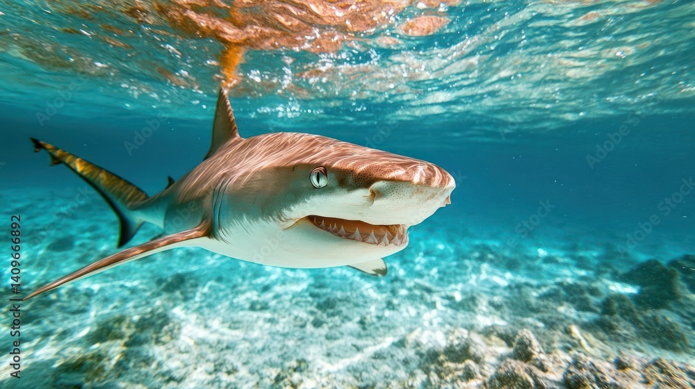 Poster a shark swimming in shallow, turquoise water, over a sandy seabed with coral. the water is clear wit