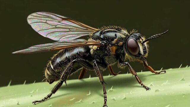 Closeup of Iridescent Insect on Green Stem, Macro Photography