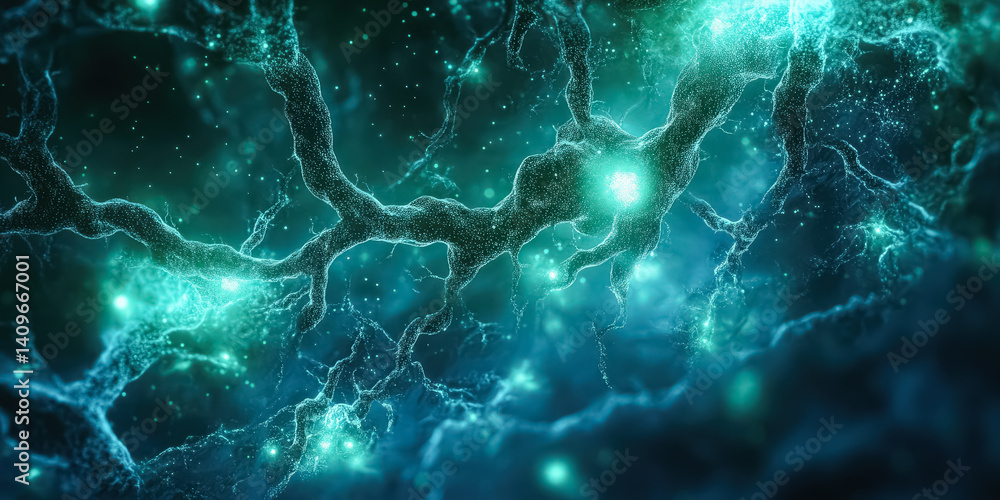 Poster blue and green image of a starburst with many small dots. the image has a futuristic and otherworldl