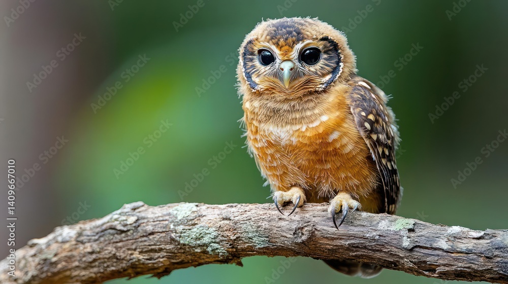 Poster a fluffy brown owl perched on a lichen-covered branch, its large dark eyes fixed on the viewer, set 