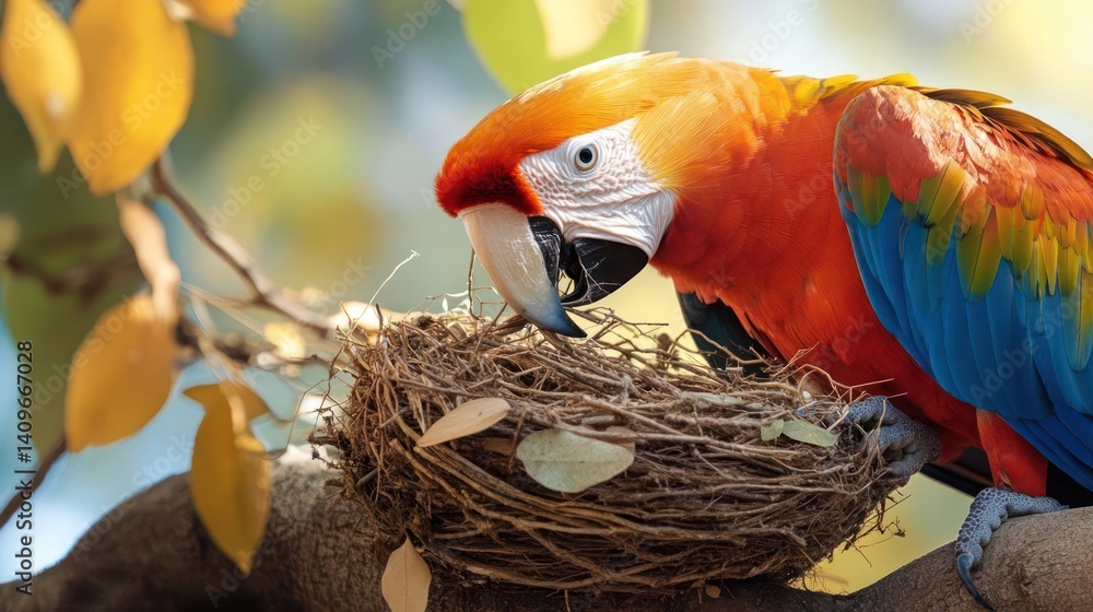 Poster A vibrant red and blue parrot perched beside a nest on a tree branch, bathed in soft sunlight. The background is a bokeh of green and yellow leaves, creating a natural, serene setting
