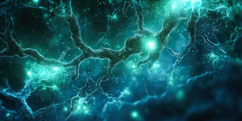 Blue and green image of a starburst with many small dots. The image has a futuristic and otherworldly feel to it