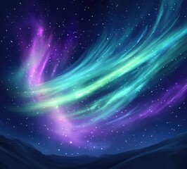 Obraz premium Purple and Green Aurora Borealis in Night Sky with Stars, Dark Blue Background. Ethereal Northern Lights Landscape, Magical Nature Scene, Dreamy Atmosphere
