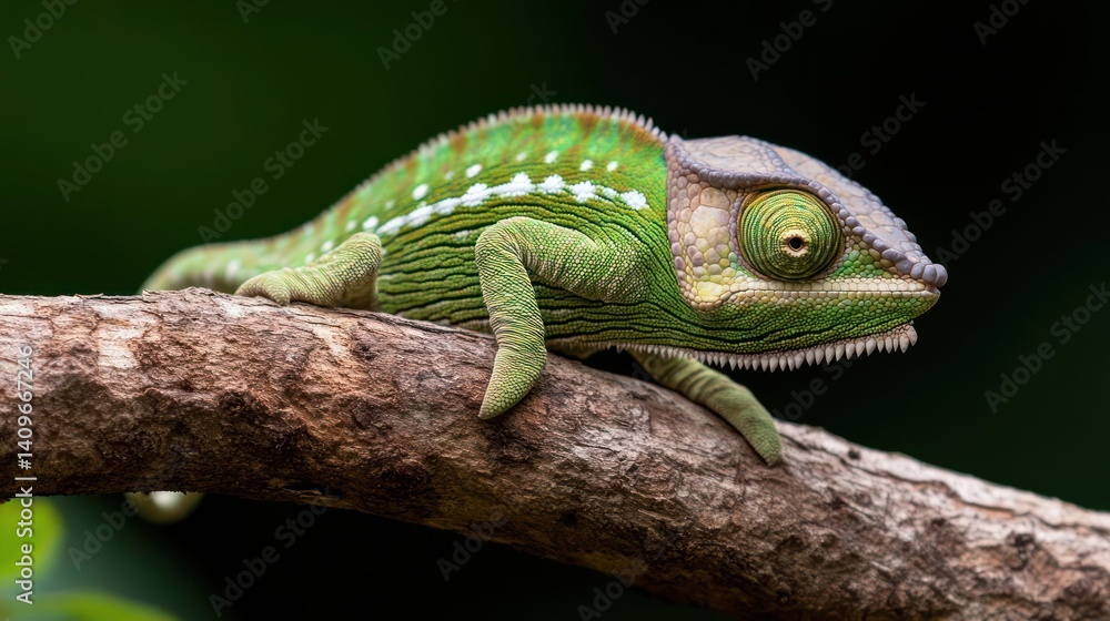 Poster close-up shot of a vibrant green chameleon perched on a branch. the chameleon features white spots a