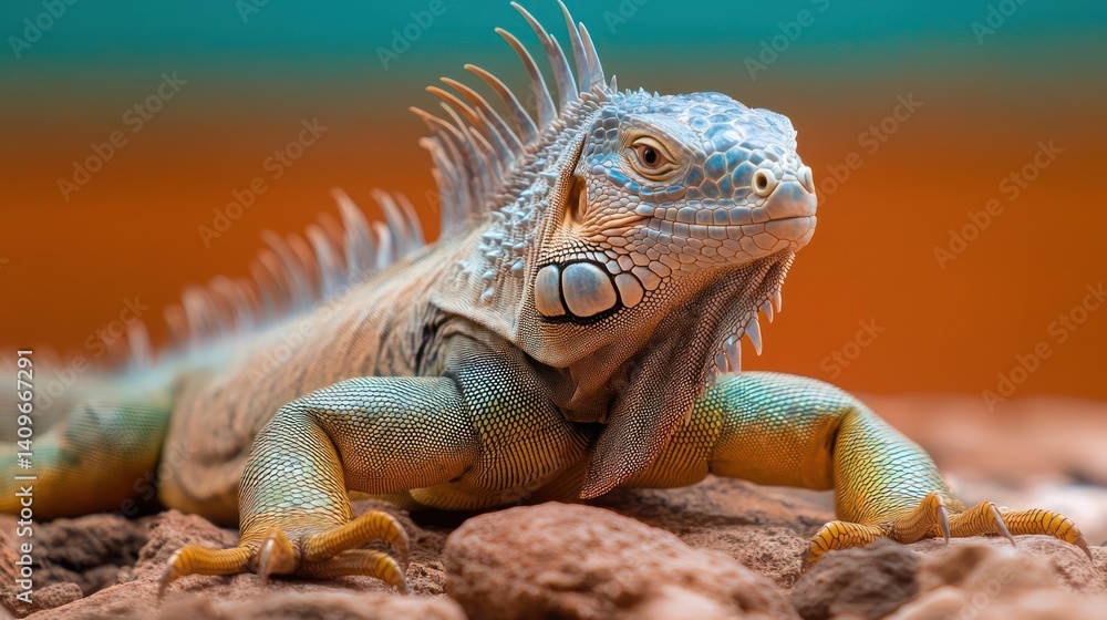 Poster Captured in a studio setting with warm lighting, an iguana showcases its intricate scales and spiky dorsal crest. Its skin features a palette of green, blue, and gold, while the backdrop is a smooth
