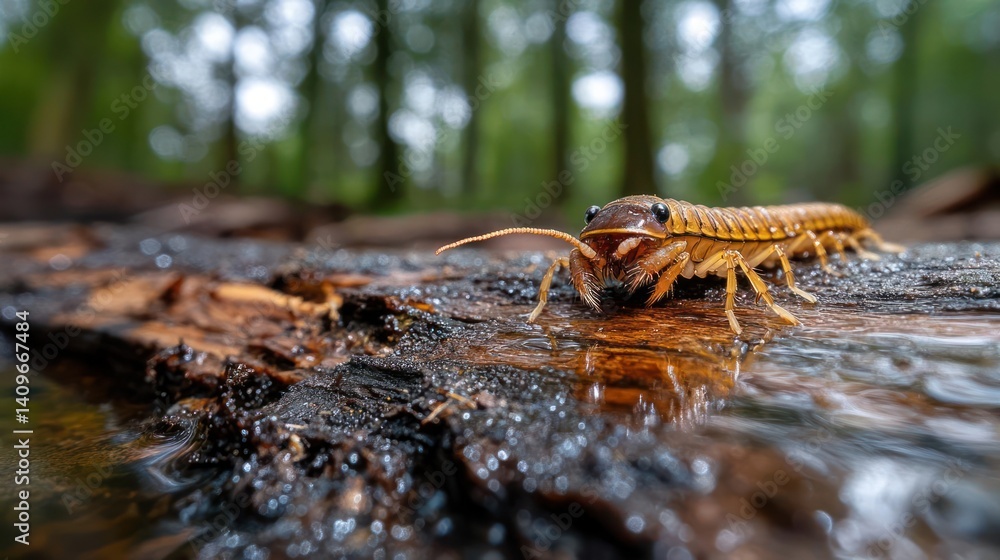 Poster Detailed close-up showcasing a millipede crawling across a dark, wet log in a forest. The background features blurred trees. The focus is on the arthropod's texture and environment, emphasizing