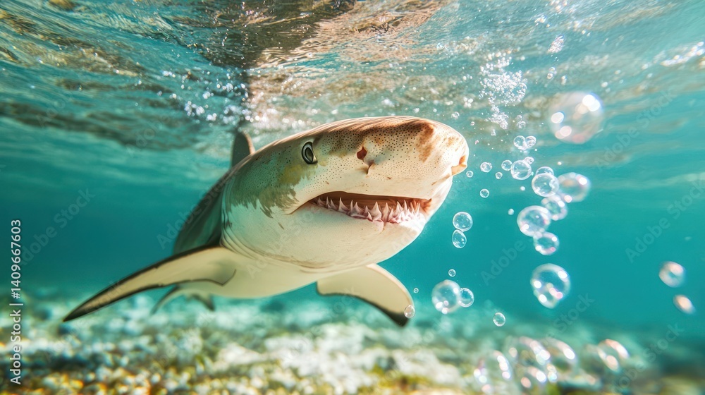 Poster close up of a shark swimming in the ocean. the shark is light brown with white belly and has sharp t