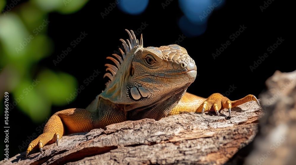 Poster close up shot of a textured brown and orange iguana on a log against a dark blurred background. the 