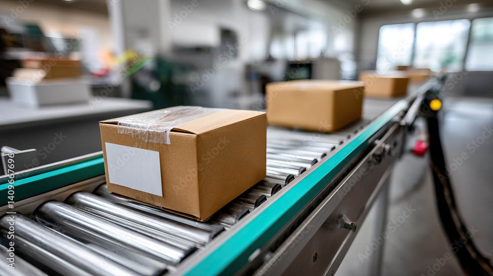 Poster automated packing line with boxes in motion, showcasing efficiency and speed in modern warehouse env