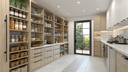 Modern Pantry and Kitchen Interior with Natural Wood Cabinets and Organized Shelving
