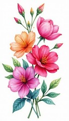 Obraz premium Watercolor floral bouquet, vibrant hues, delicate petals, white background, painting, colorful